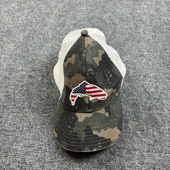 SIMMS Camo American flag Fish Trucker Baseball Cap SnapBack Hat One Size fits - Picture 2 of 8